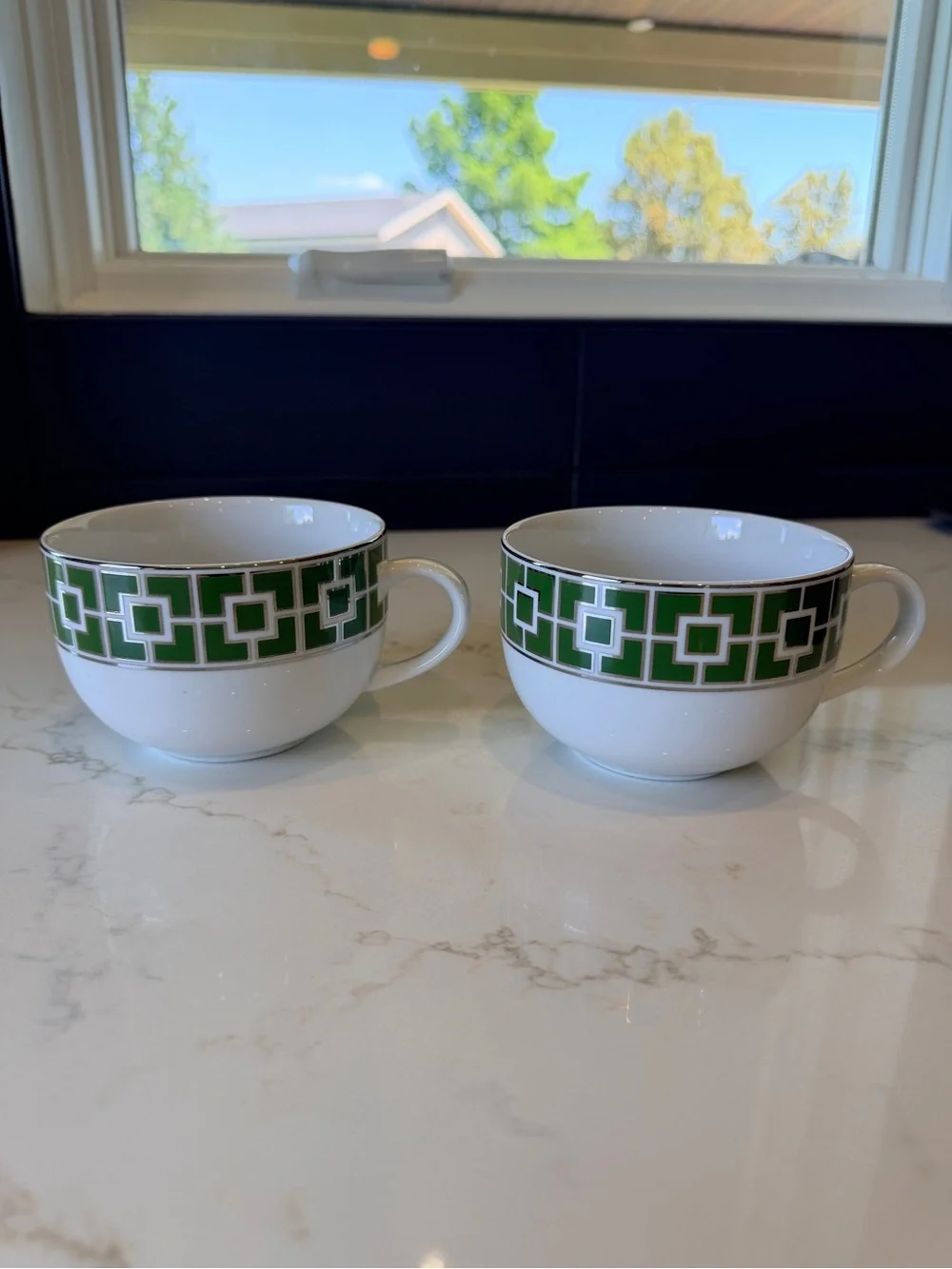 Set of 2 - Jonathan Adler Nixon Mugs Green and Silver on White (Porcelain)